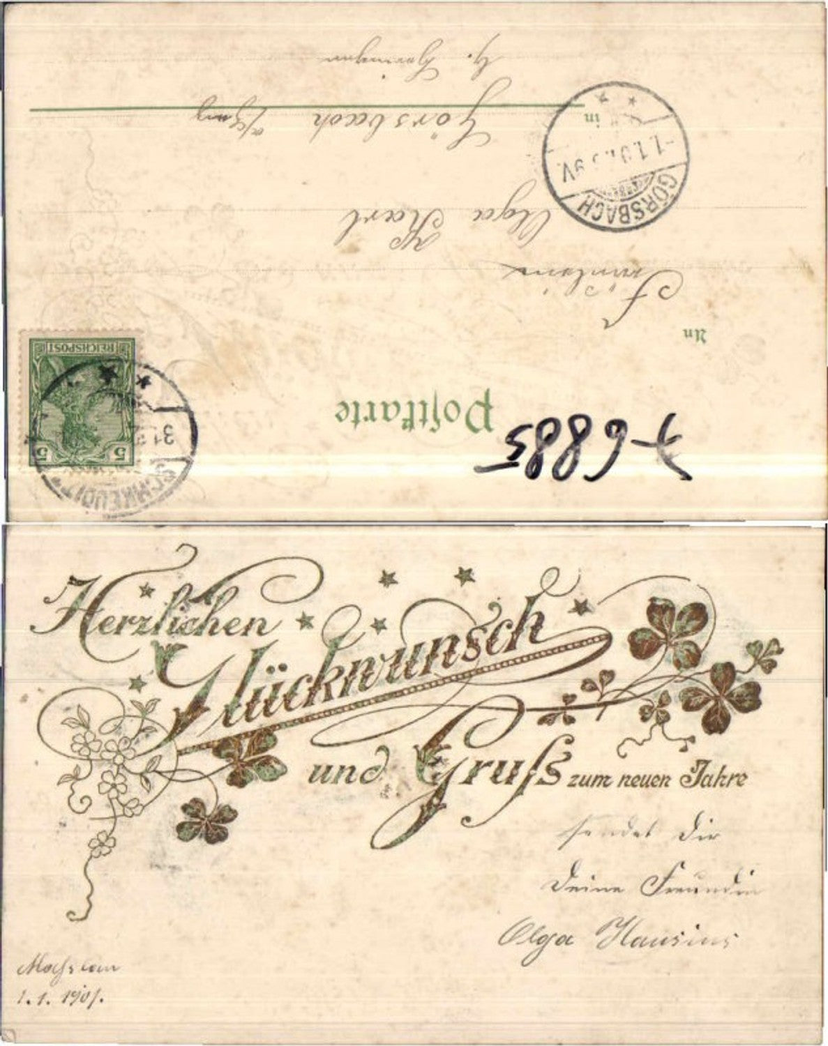 76885,Jugendstil Neujahr Kleeblätter 1901