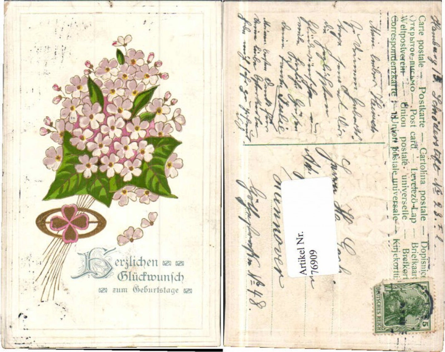 76909,Präge Litho Kleeblatt Jugendstil Blumen Geburtstag