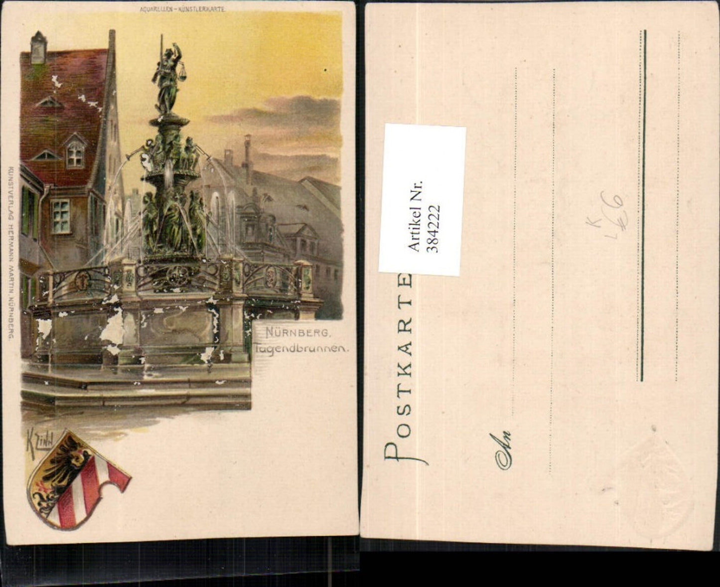 384222,Künstler Litho K. Zinn Nürnberg Tugendbrunnen Brunnen
