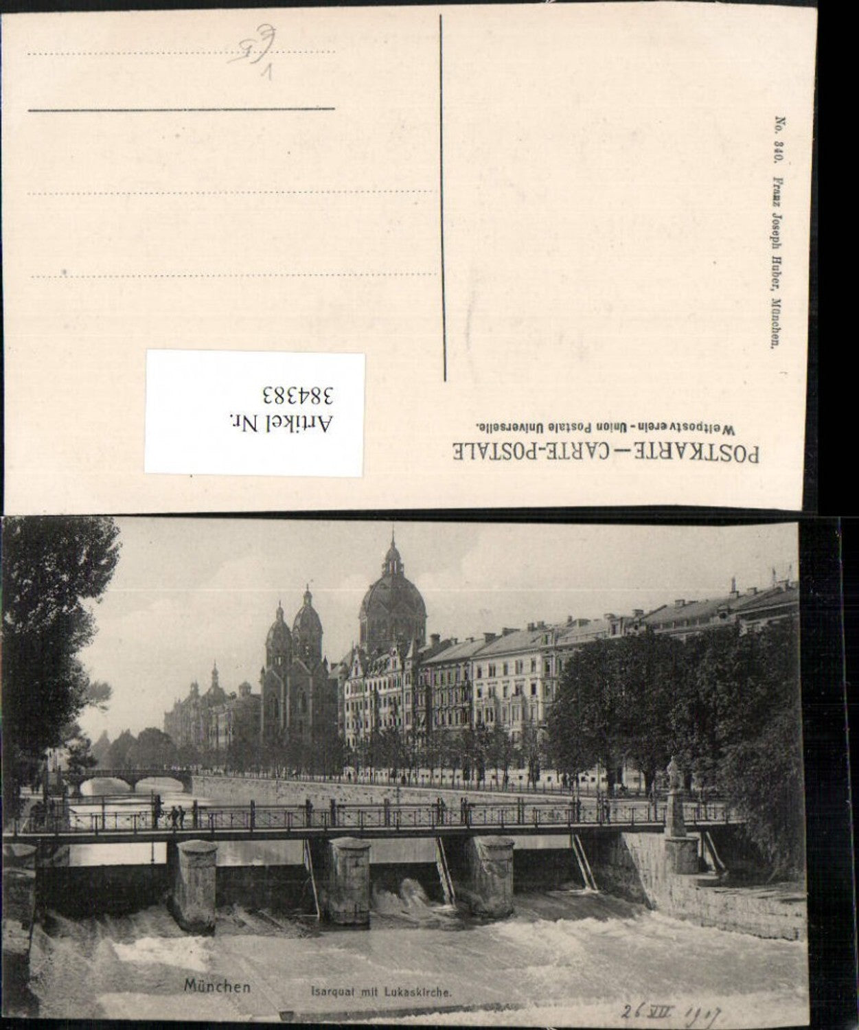 384383.München Isarquai Brücke m. Lukaskirche Kirche pub Franz Joseph Huber 340