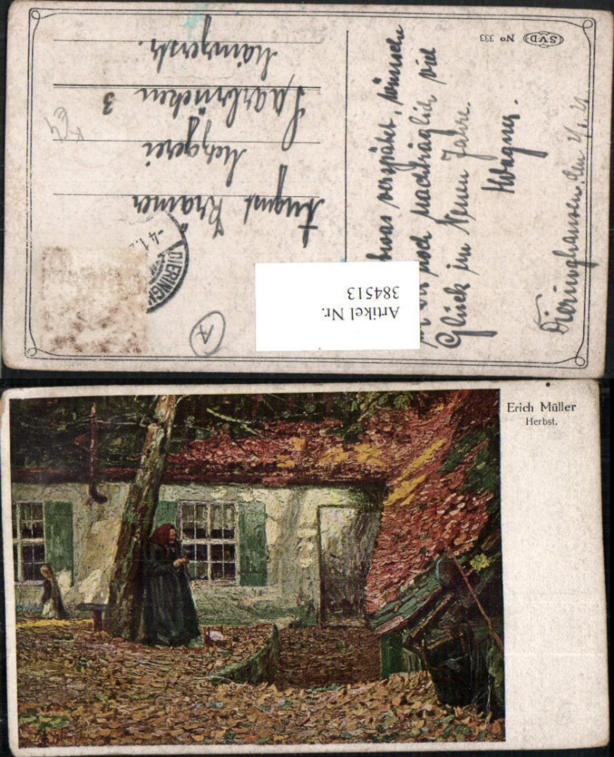 384513.Künstler AK Erich Müller Herbst Haus Garten Alte Frau b. Stricken