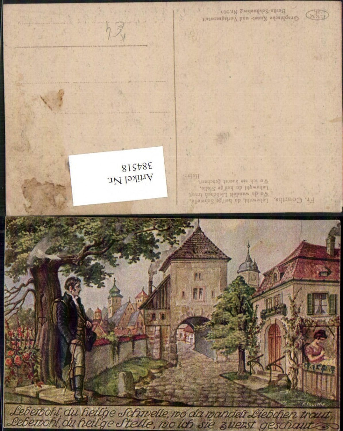 384518.Künstler AK Fr. Courths Stadt Tor Turm Wanderer