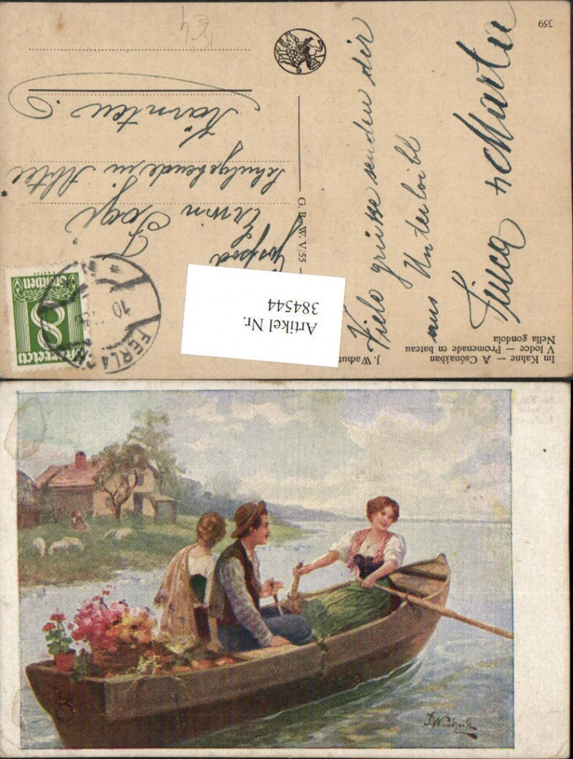 384544.Künstler AK J. Wachutt Im Kahne Frauen Mann Tracht Ruderboot Blumen