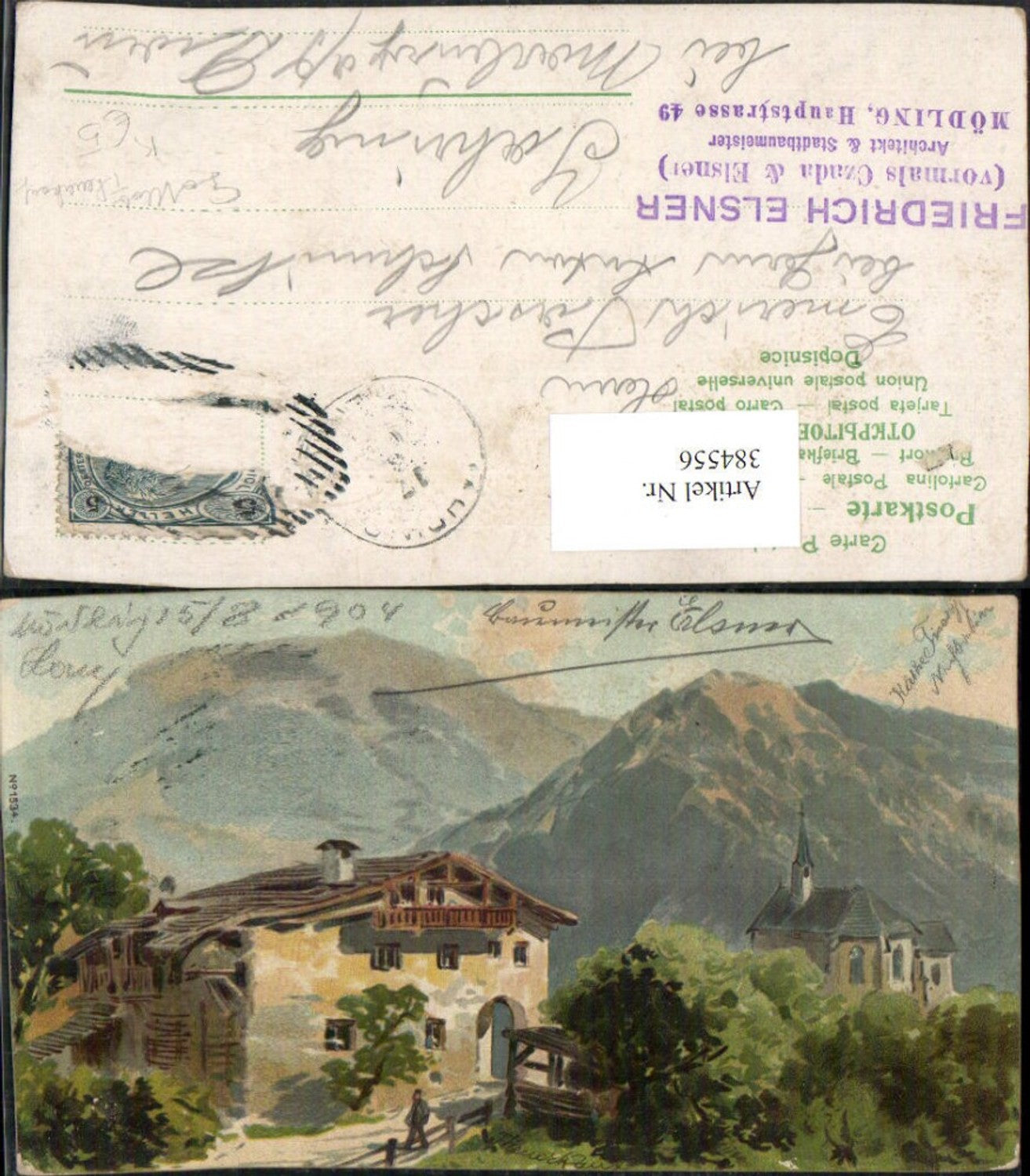 384556.Künstler AK Gottlob Theuerkauf Haus Kirche Bergkulisse