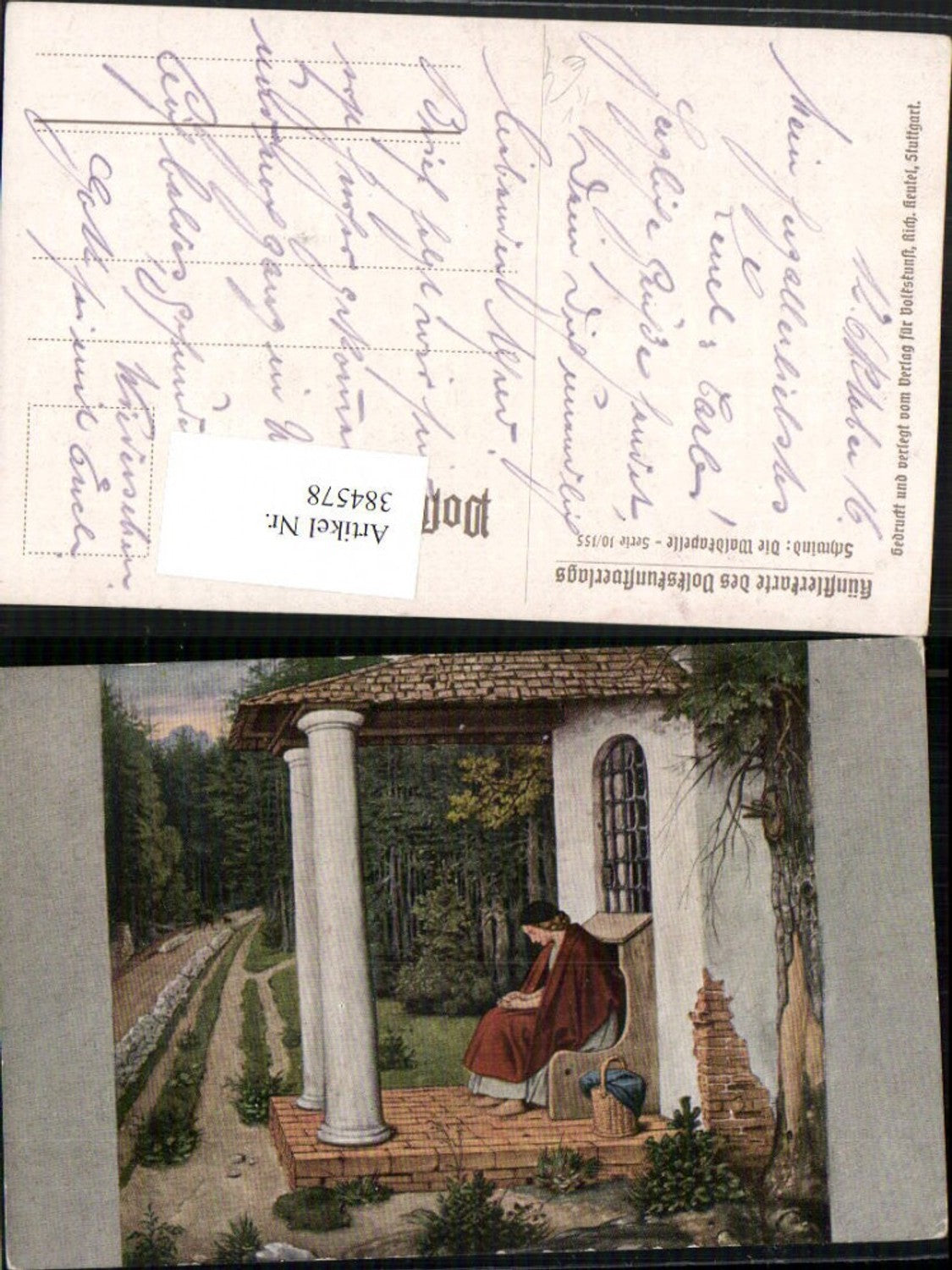 384578.Künstler AK Schwind Die Waldkapelle Frau m. Tuch Kapelle pub Richard Keutel
