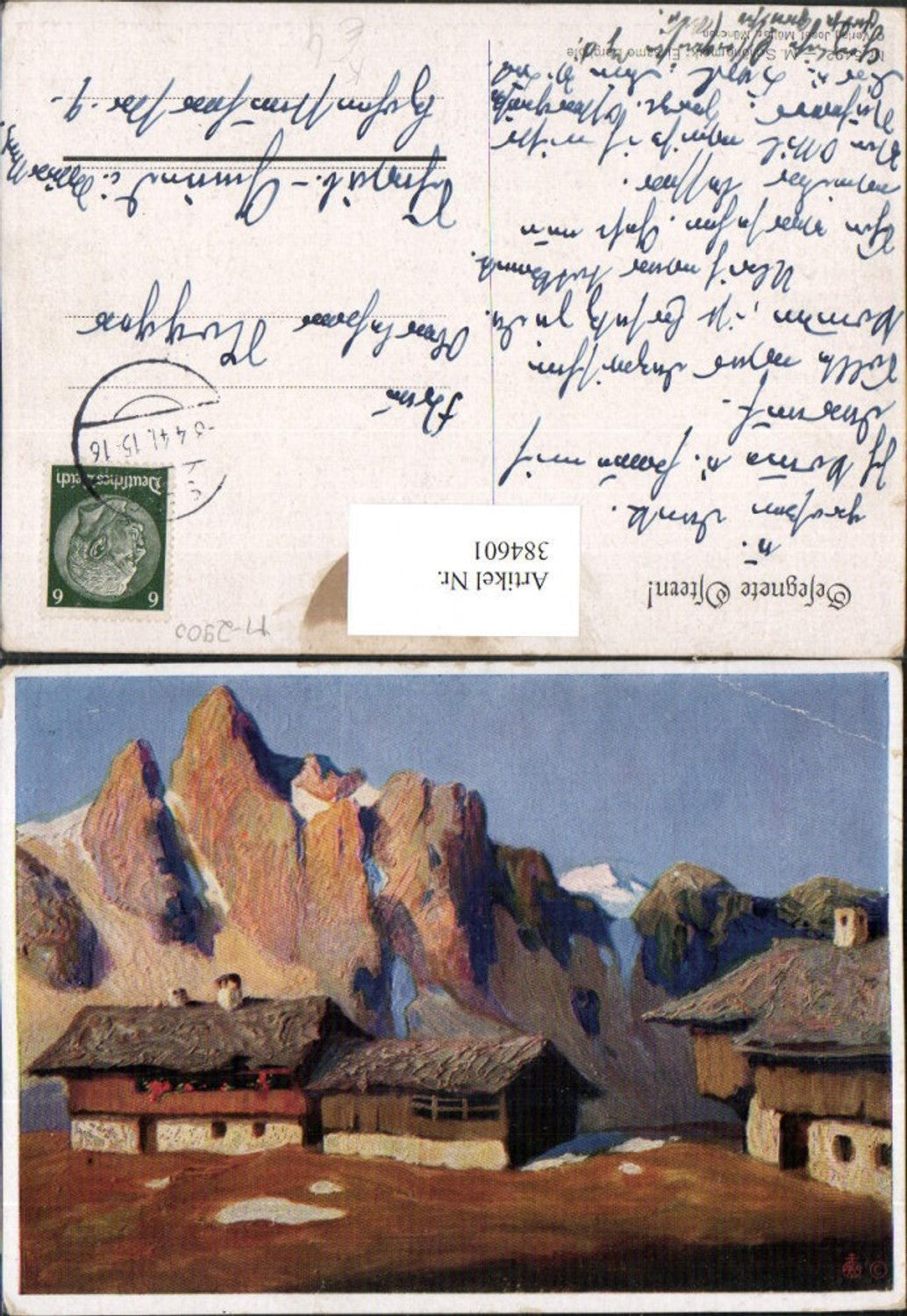 384601.Künstler AK M. Schönermark Einsame Berghöfe Almhütten Bergkulisse