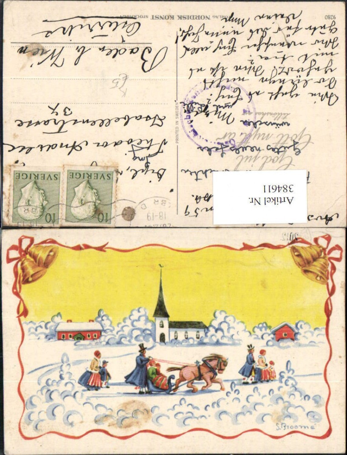 384611.Künstler AK S. Broome Winterlandschaft Kirche Pferdeschlitten