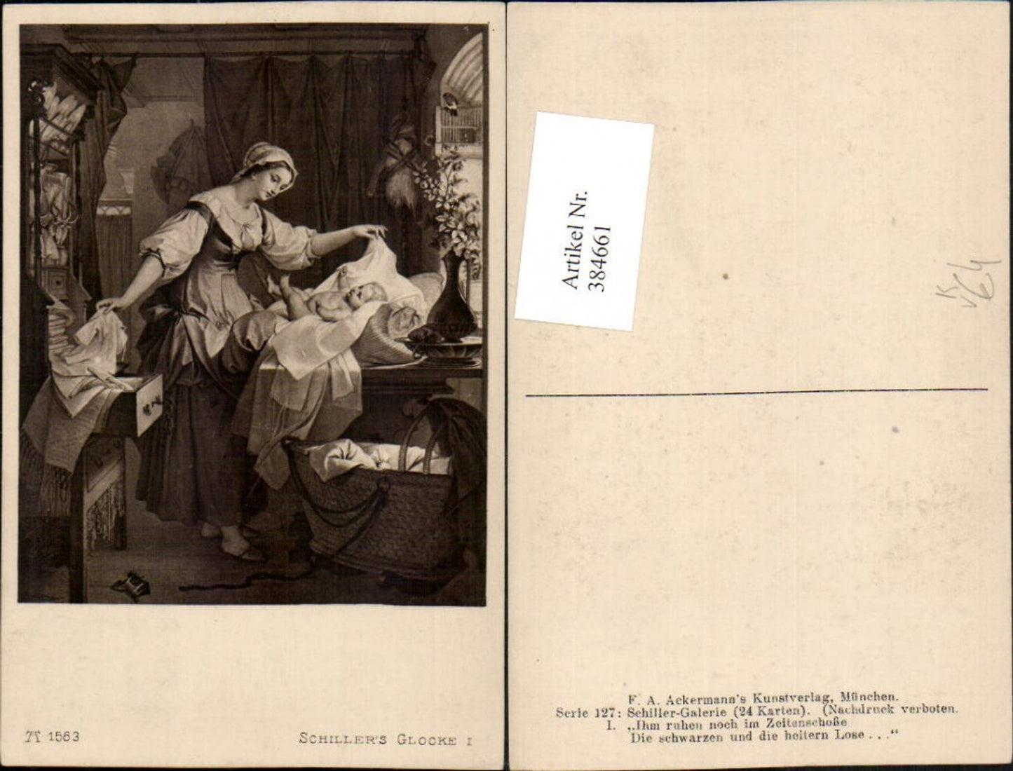 384661,Künstler AK Schillers Glocke Frau m. Kleid Baby Wiege pub A. Ackermann 1563