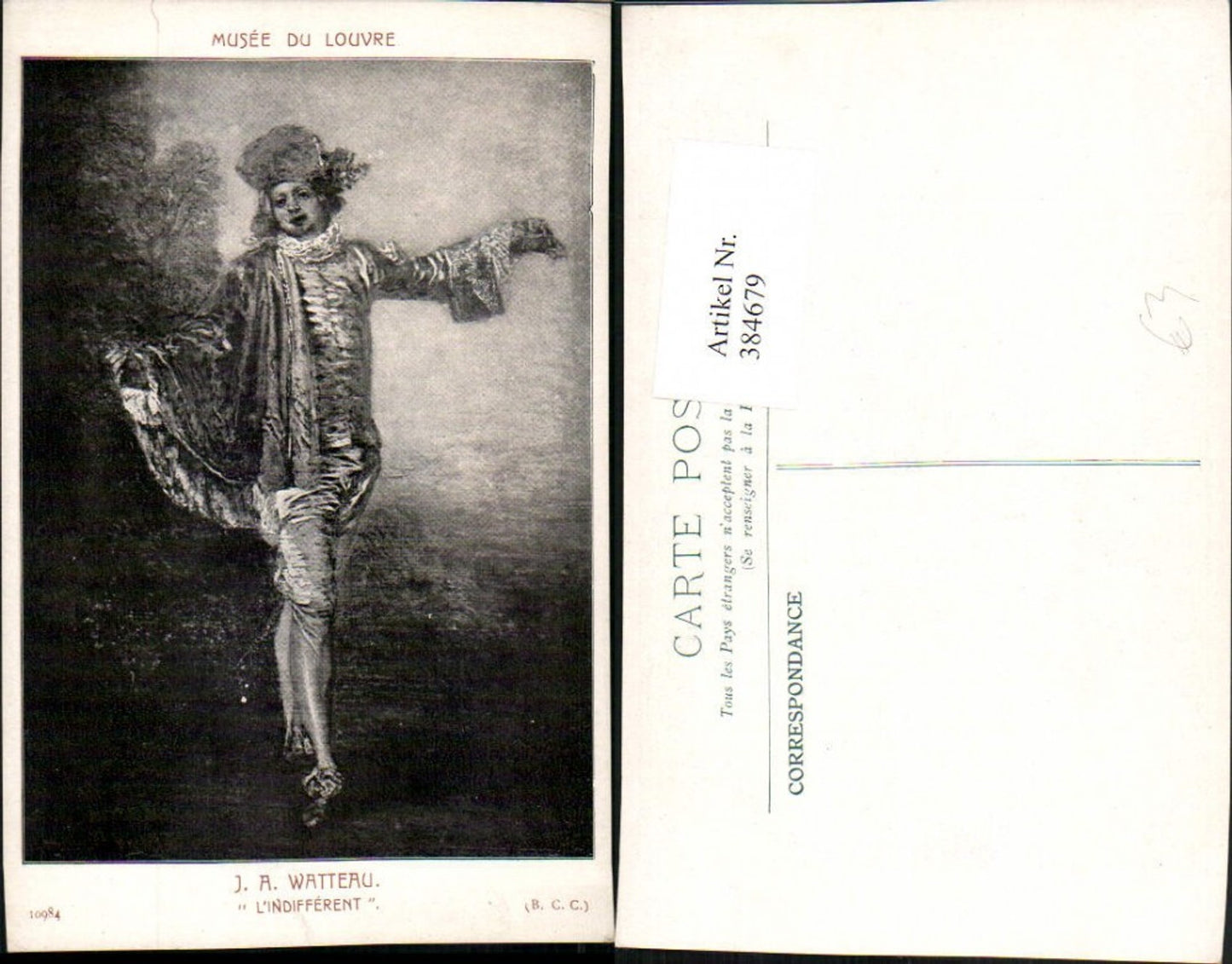 384679,Künstler AK J. A. Watteau Musee Louvre L'Indifferent Mann m. Hut