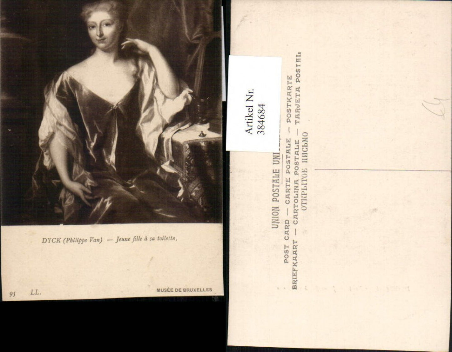 384684,Künstler AK Philippe van Dyck Musee Bruxelles Jeune fille a sa toilette Frau m. Kleid