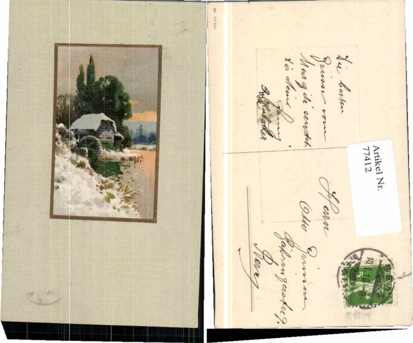 77412, embossed postcard, watermill, mill wheel