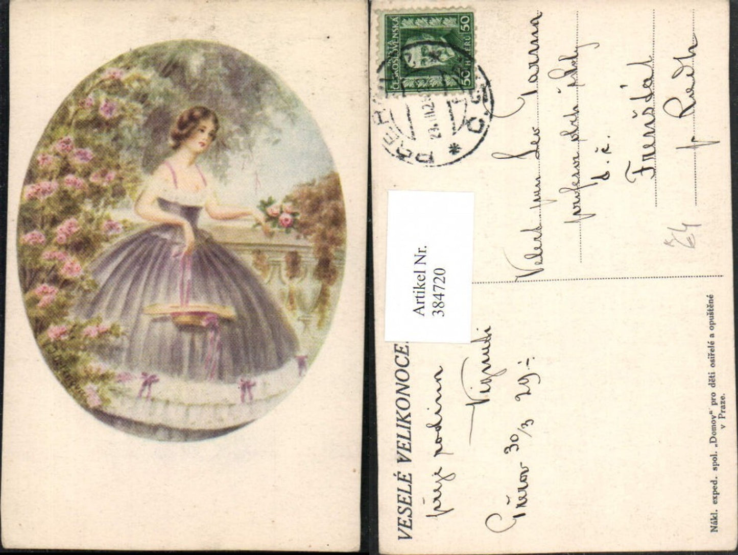 384720,Künstler AK Frau m. Kleid Mode Hut Blumen