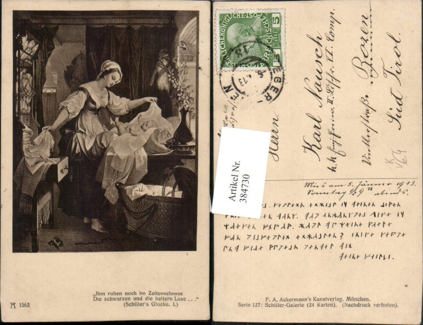 384730,Künstler AK Schillers Glocke Frau m. Kleid Baby Wiege pub A. Ackermann 1563