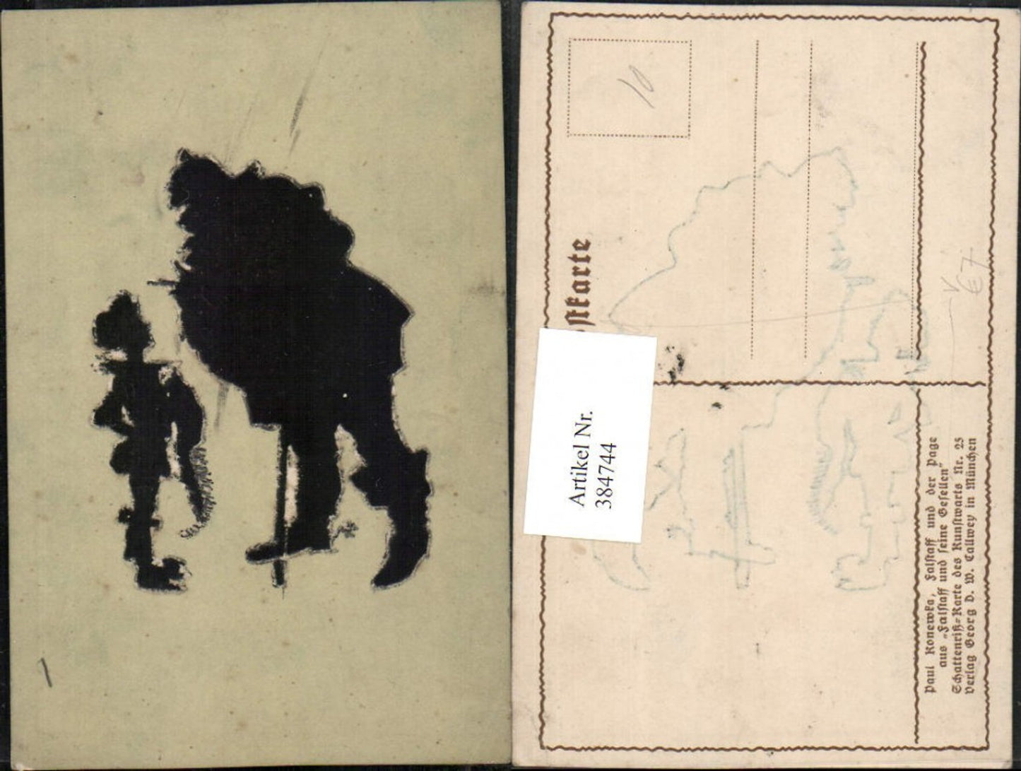 384744,Künstler AK Paul Konewka Silhouette Schattenriss Falstaff und der Page pub Kunstwart 25