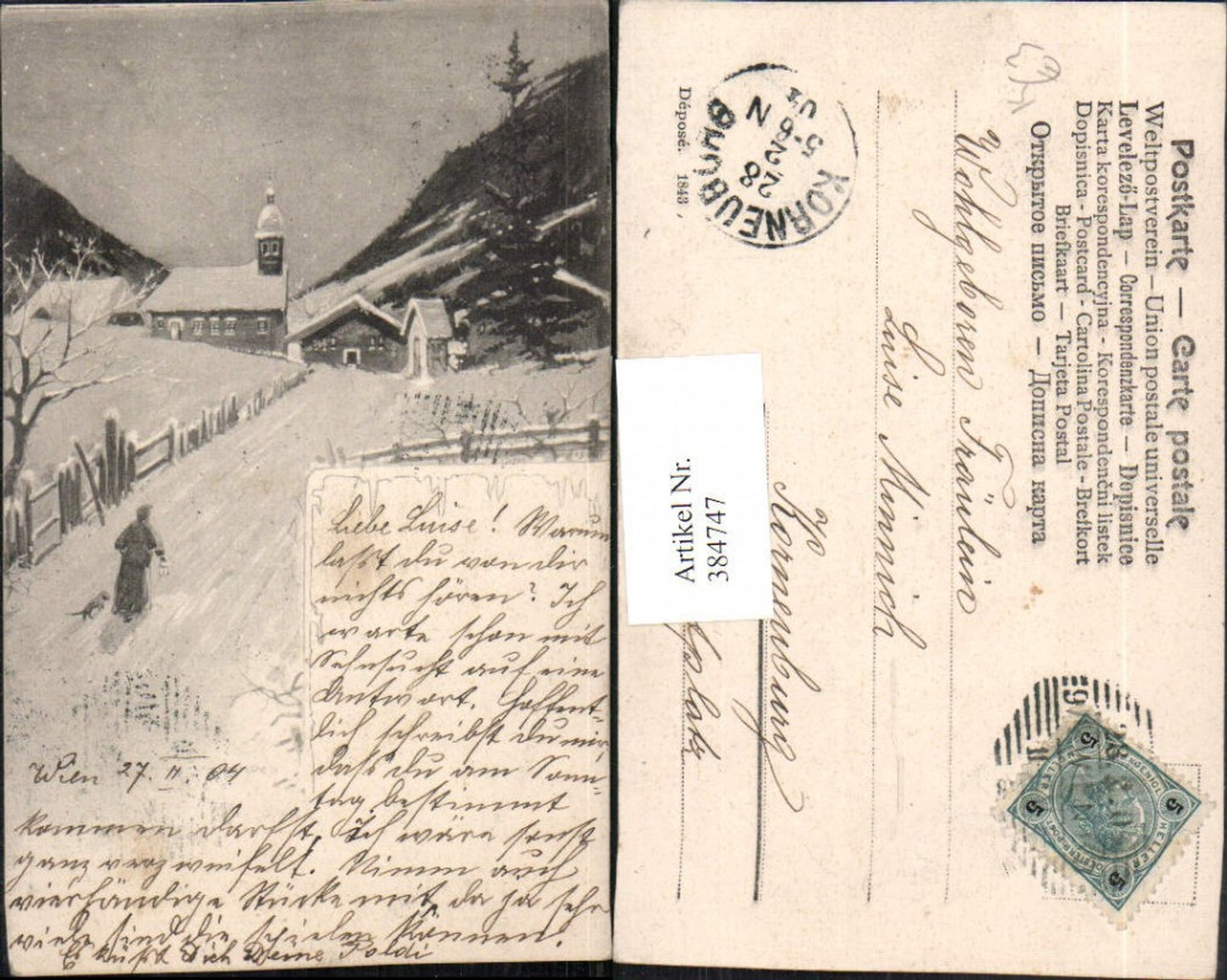 384747,Künstler AK Winterlandschaft Dorf Kirche Mann m. Hund