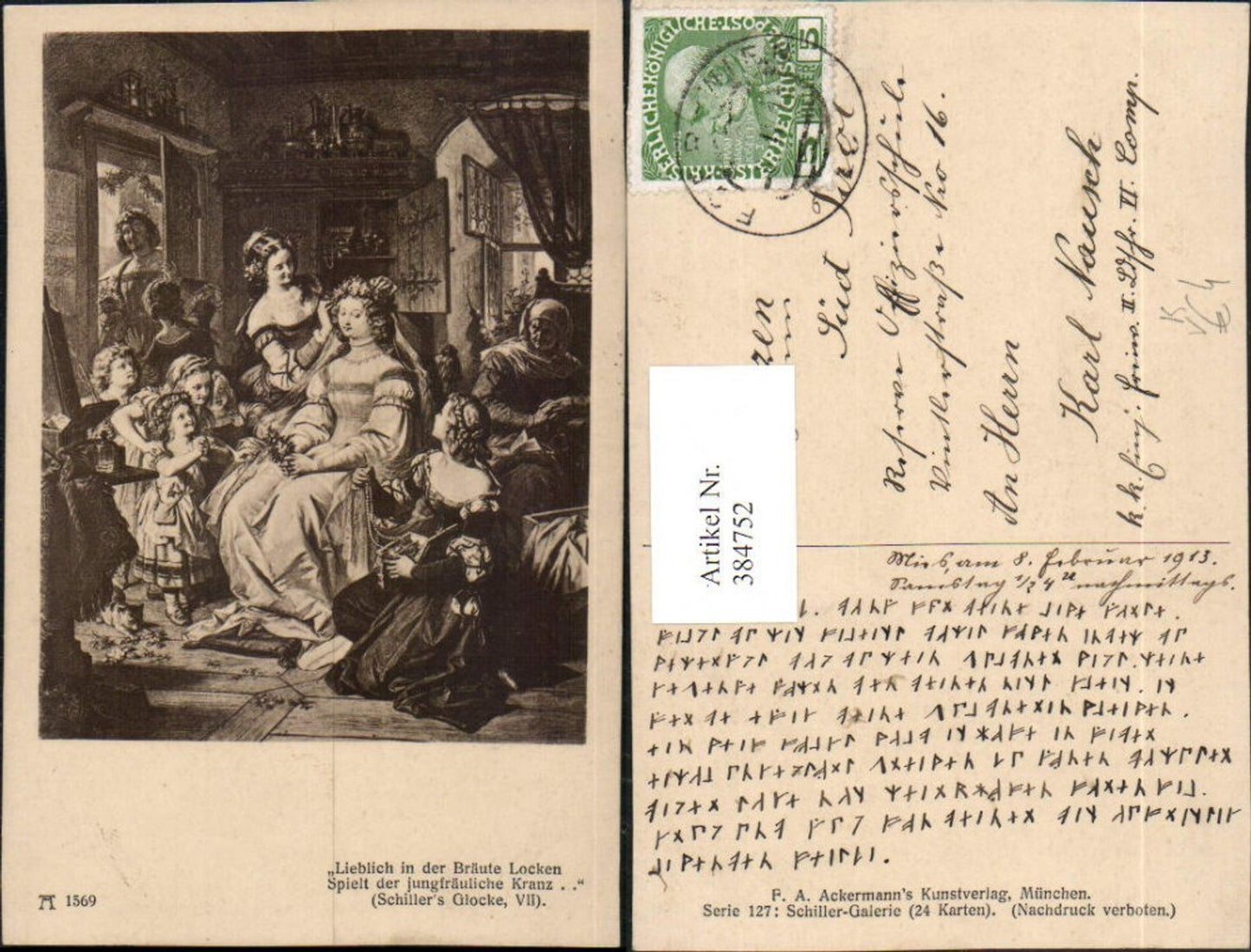 384752,Künstler AK Schillers Glocke Frau m. Kleid Frauen Kinder pub A. Ackermann 1569