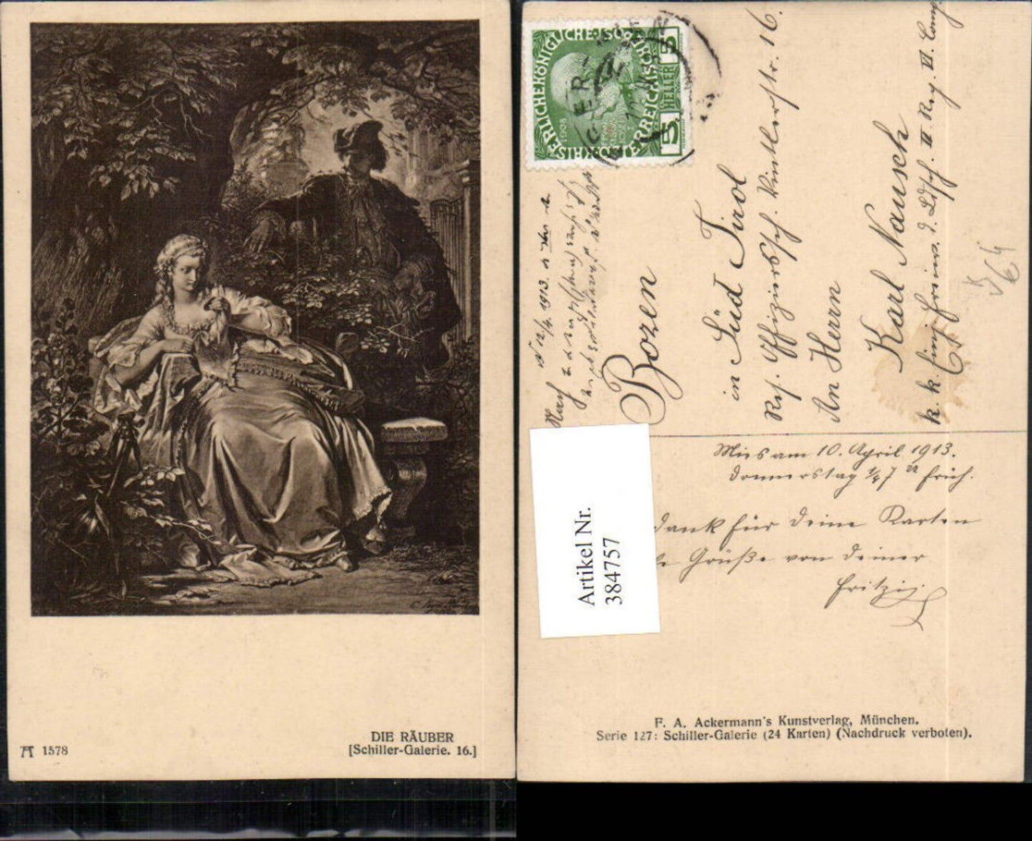 384757,Künstler AK Schiller Die Räuber Frau m. Kleid pub A. Ackermann 1578