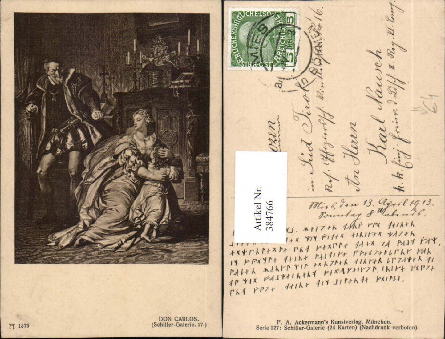 384766,Künstler AK Schiller Don Carlos Frau Mutter m. Kind pub A. Ackermann 1579
