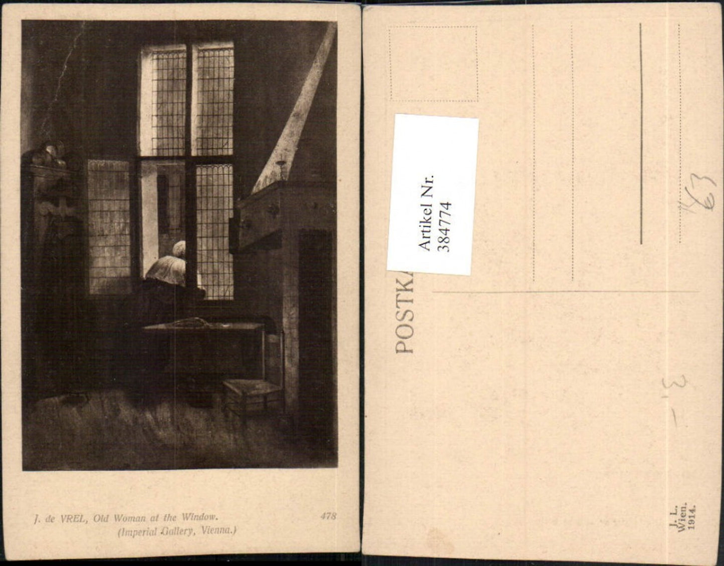 384774,Künstler AK J. De Vrel Old Woman at the Wndow Alte Frau beim Fenster