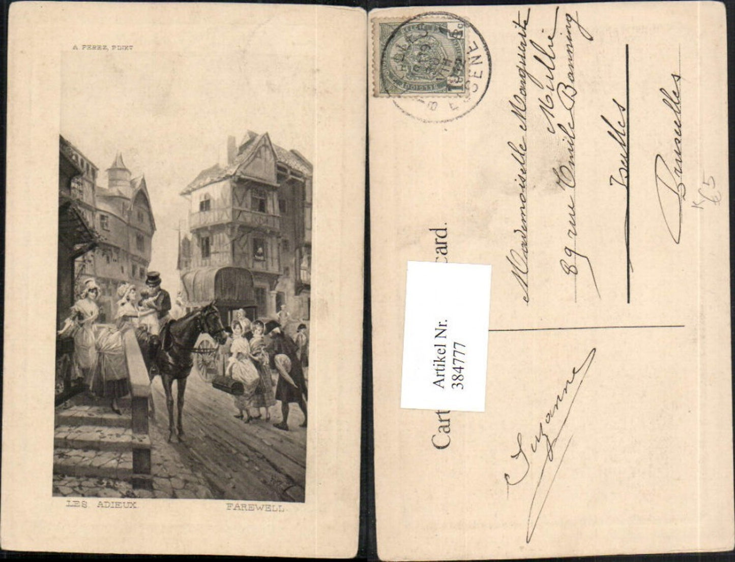 384777,Künstler AK A. Perez Farewell Les Adieux Abschied Mann Pferd Kind