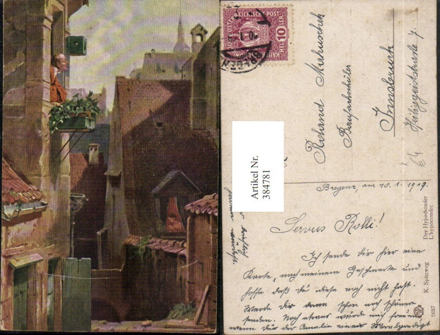 384781,Künstler AK K. Spitzweg Der Hypochonder Mann Fenster Gasse