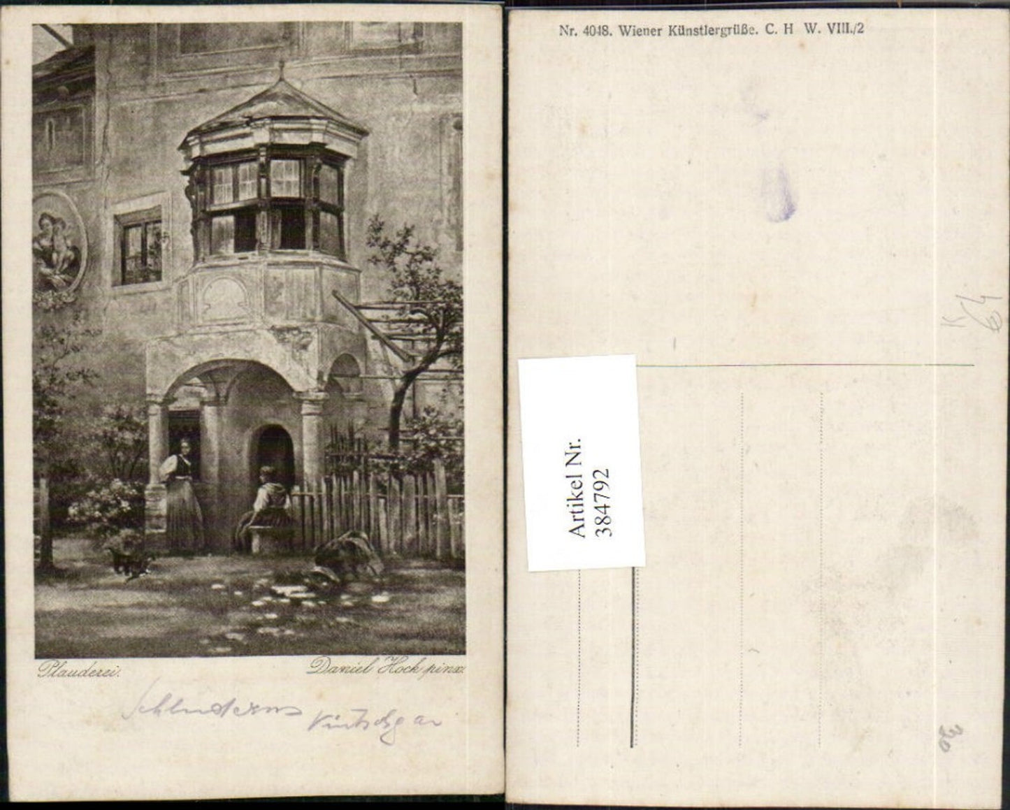 384792,Künstler AK Daniel Hock Plauderei Frauen Haus Erker