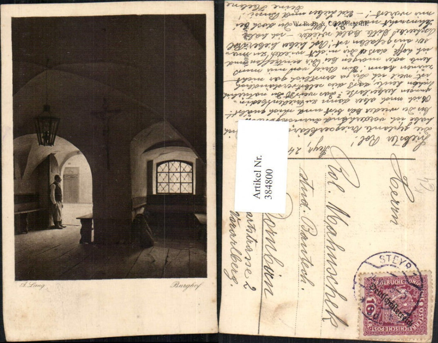 384800,Künstler AK A. Lang Burghof Stube Kruzifix