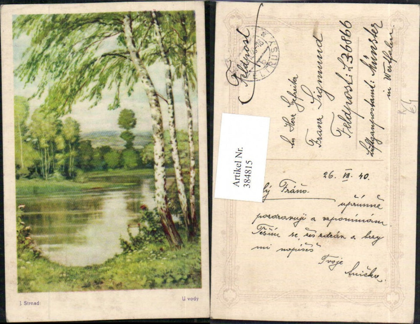 384815,Künstler AK J. Strnad U vody Landschaft See Bäume Birken