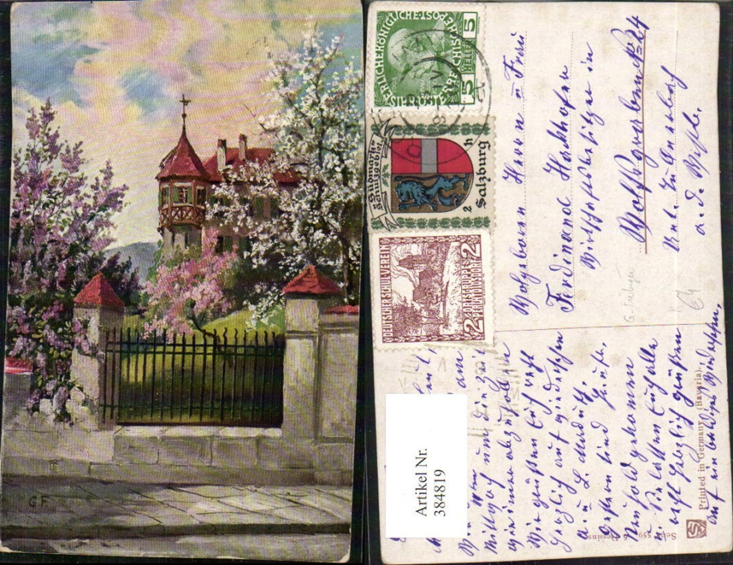 384819,Künstler AK G. Fiebiger Schloss Villa Erker Baumblüte