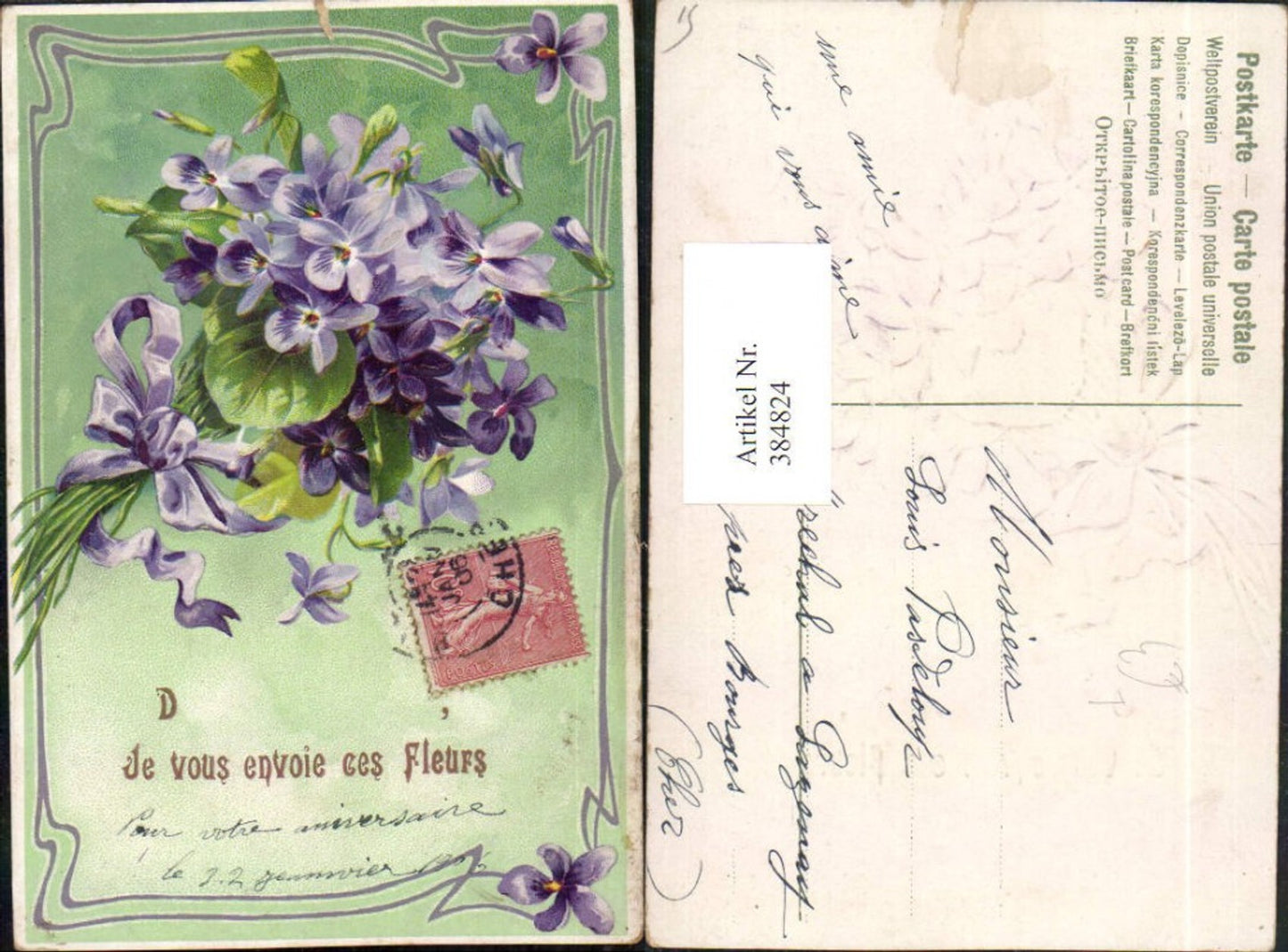 384824,Präge Künstler Litho Blumenstrauß Veilchen Schleife