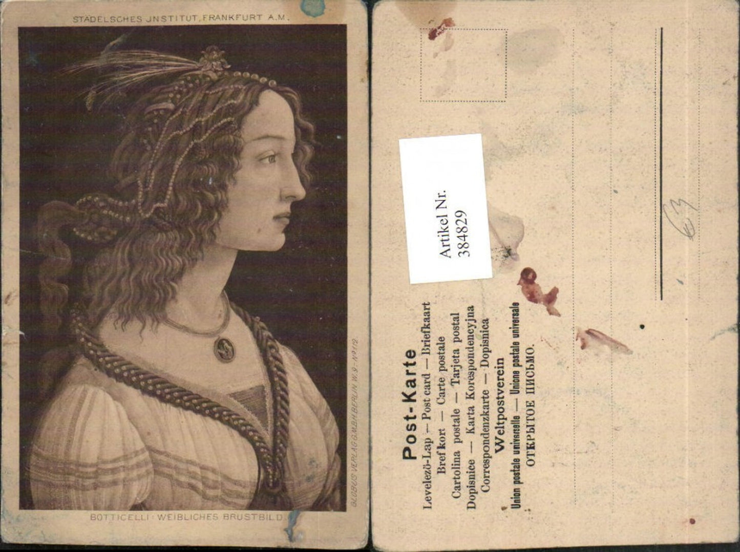 384829,Künstler AK Botticelli Weibliches Brustbild Frau m. Kopfschmuck Kette Portrait