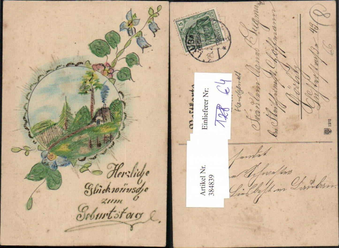 384839,Künstler AK Handgemalt Geburtstag Landschaft Haus Passepartout Blumen