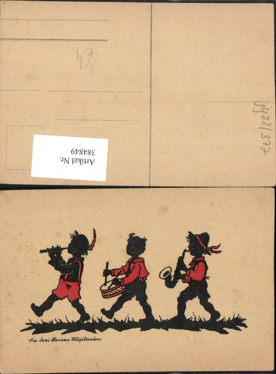 384849,Künstler AK Scherenschnitt Silhouette Die drei kleinen Musikanten Kinder Trommel Saxophon