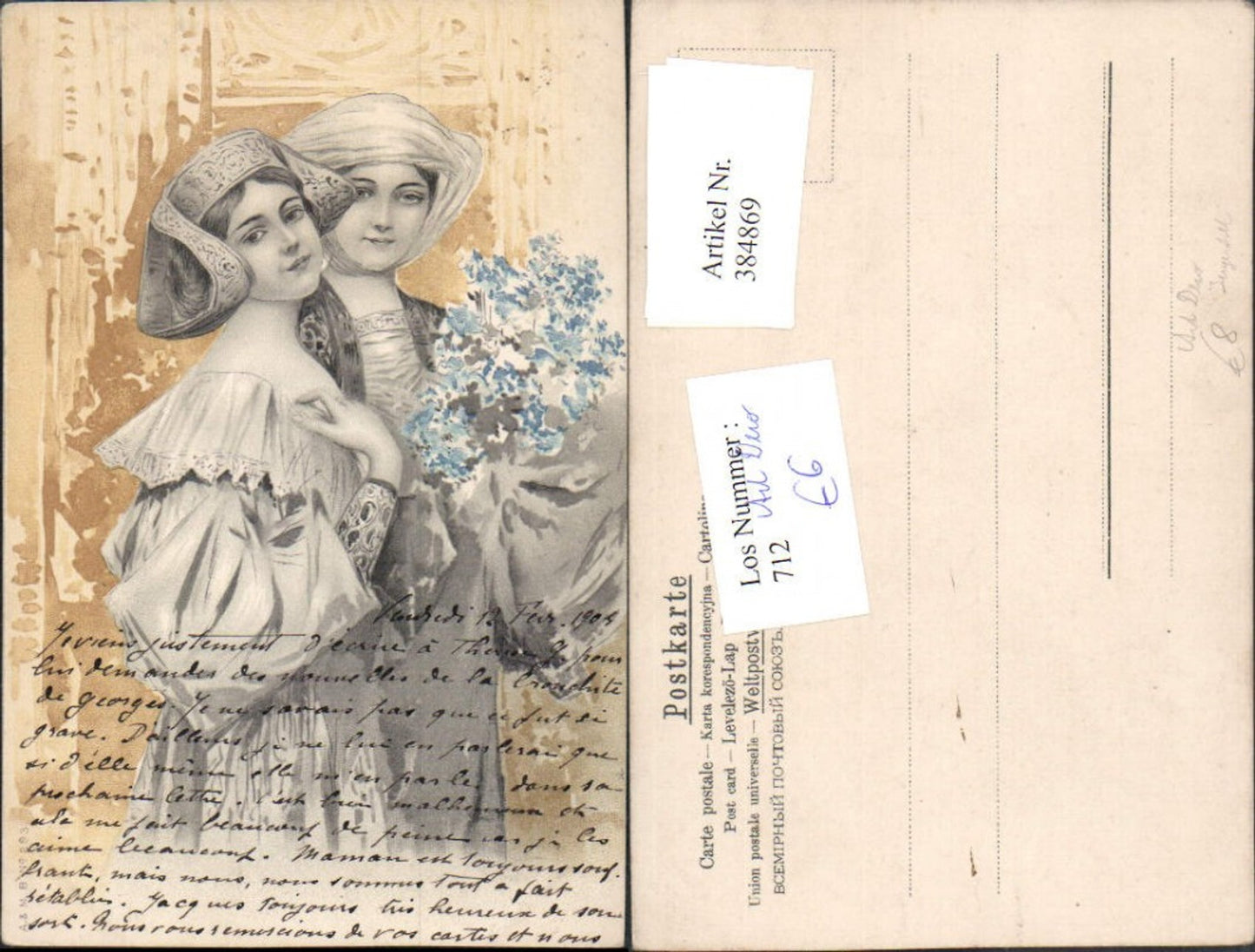384869,Künstler AK Jugendstil Art Deco Frauen m. Kopfschmuck Kopftuch Kleider