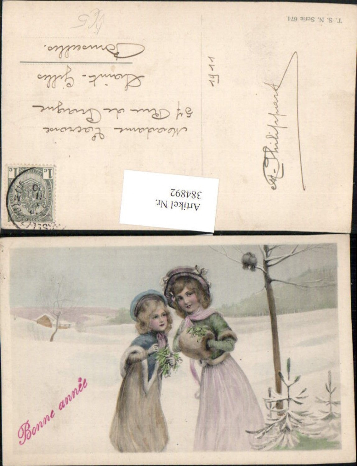384892,Theo Stroefer 674 Künstlerkarte Neujahr Kinder Mädchen Hauben Muff Winterlandschaft
