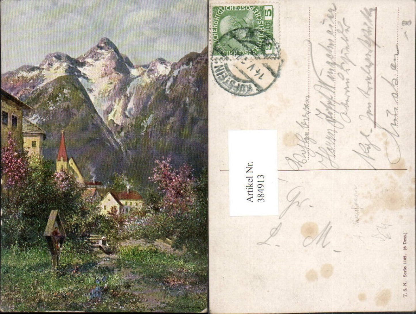 384913,Theo Stroefer 1162 Künstler A. Kaufmann Dorf Wegkreuz Bergkulisse