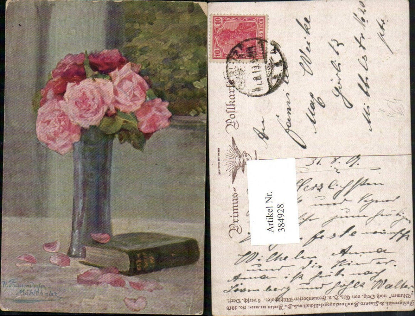 384928,Primus AK 1016 Künstler H. v. Frauendorfer-Mühlthaler Blumen Rosen Vase Buch