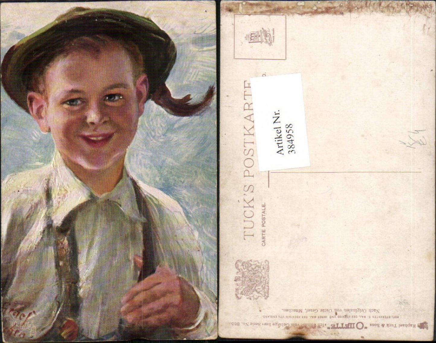 384958,Raphael Tuck & Sons 865 Künstler Oscar Graef Jung Bub m. Federhut Hut Portrait