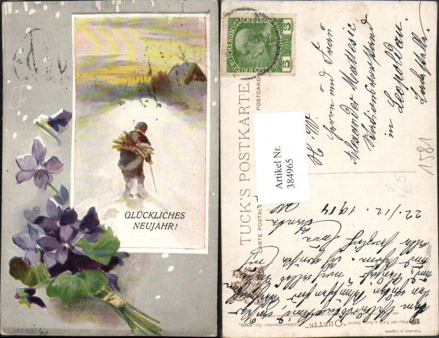 384965,Raphael Tuck & Sons 8388 Künstler M. Morris Neujahr Winterlandschaft Mann Portrait Veilchen