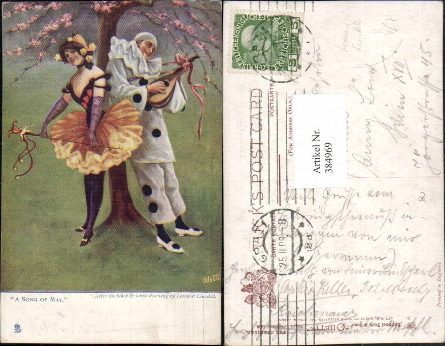 384969,Raphael Tuck & Sons 6439 Künstler Leonard Linsdell Song of May Karneval Harlekin