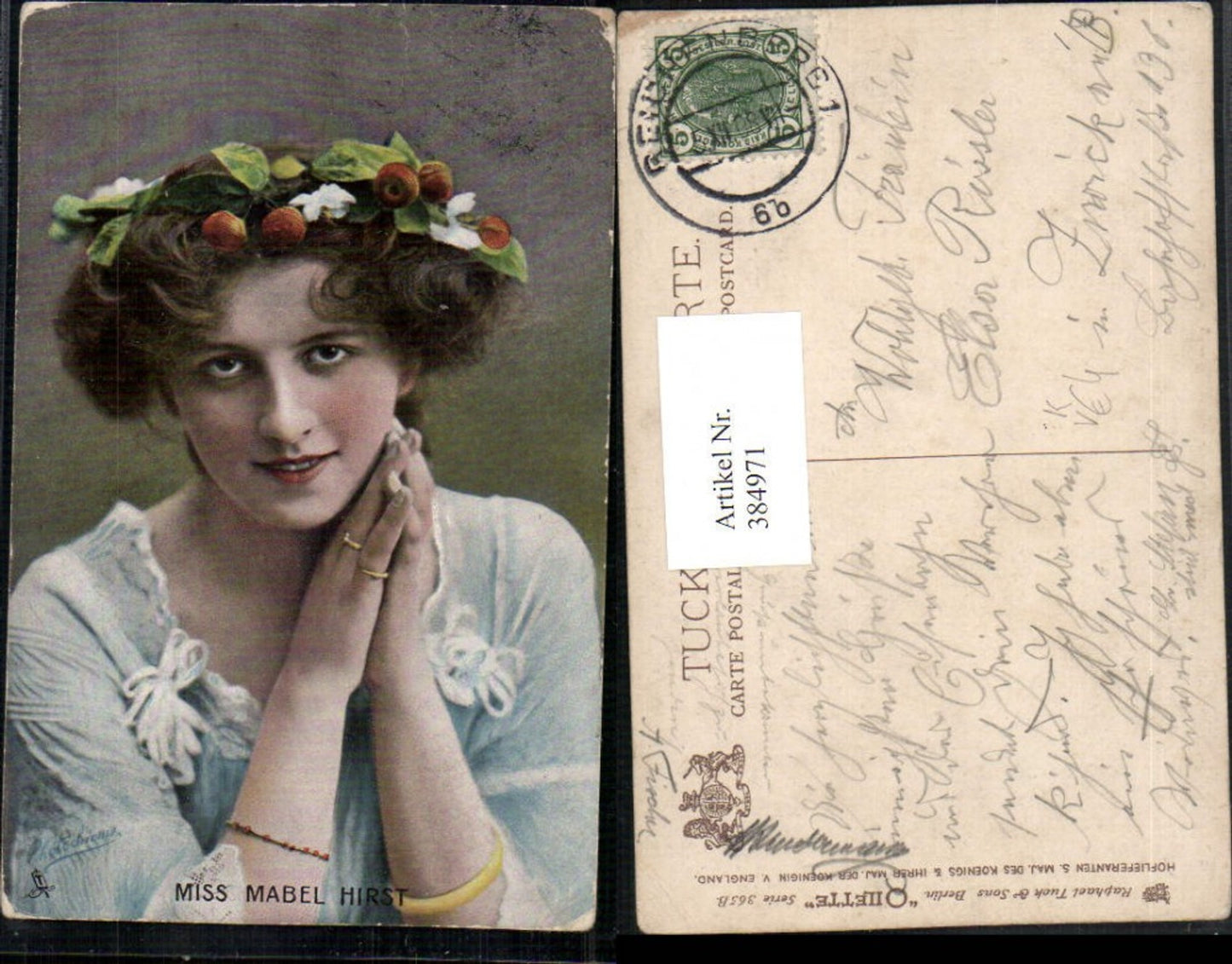 384971, Raphael Tuck & Sons 365B Artist Card Miss Mabel Hirst Woman with Flower Wreath Portrait