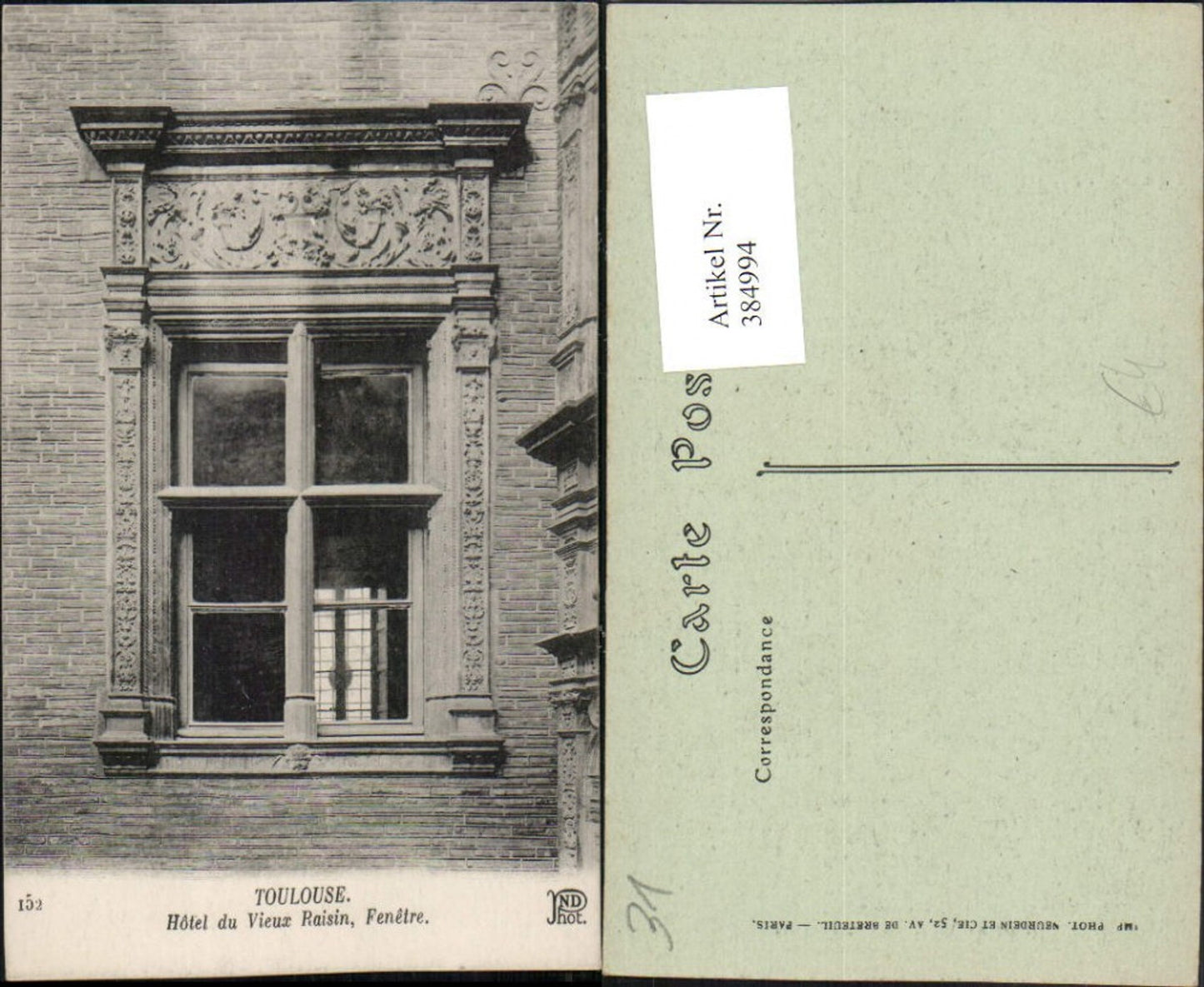 384994,Midi-Pyrenees Haute-Garonne Toulouse Hotel du Vieux Raisin Fenetre Fenster