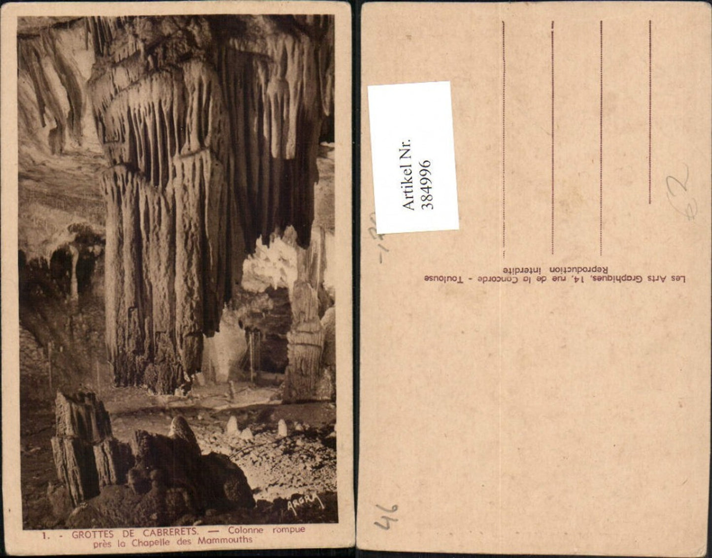 384996,Midi-Pyrenees Lot Grottes de Cabrerets Colonne rompue pres la Chapelle des Mamouths