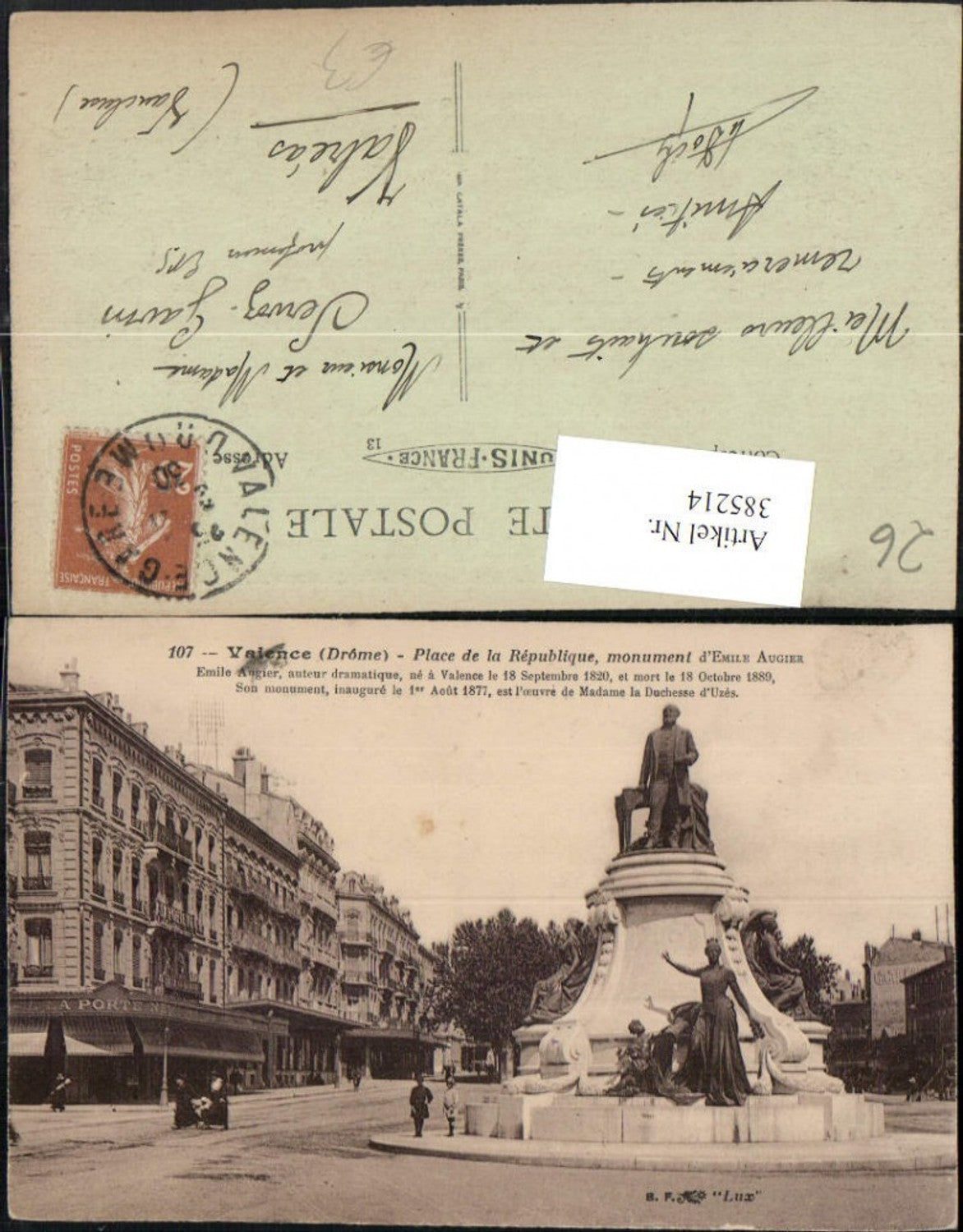 385214,Rhone-Alpes Drome Vaience Place de la Republique Monument Emile Augier Statue