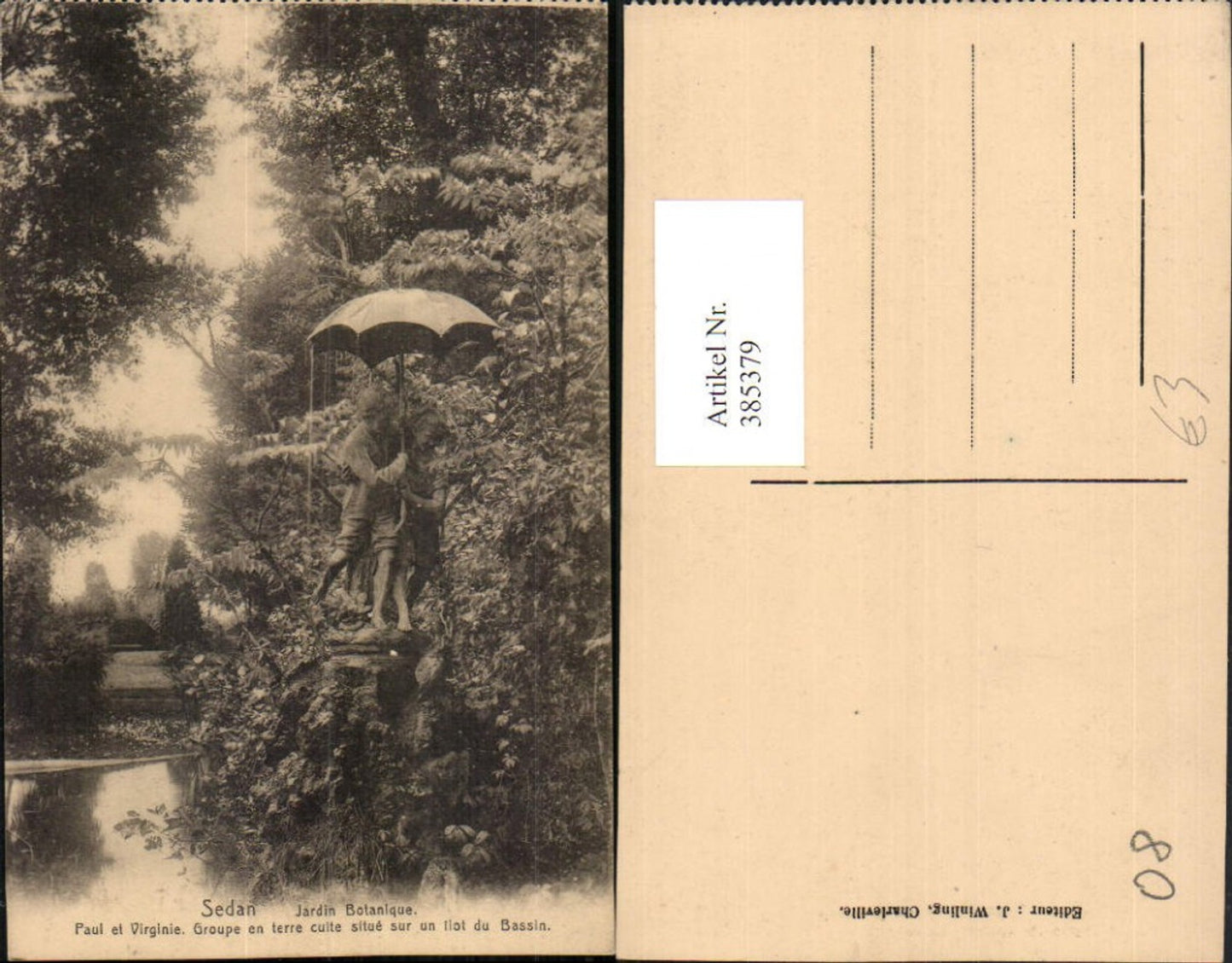 385379,Champagne-Ardenne Ardennes Sedan Jardin Botanique Paul et Virginie Statue Schirm