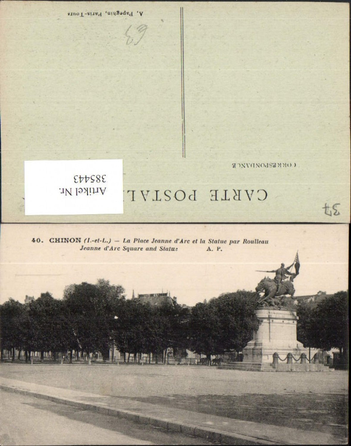 385443,Centre Indre-et-Loire Chinon Place Jeanne d'Arc et Statue par Roulleau Denkmal