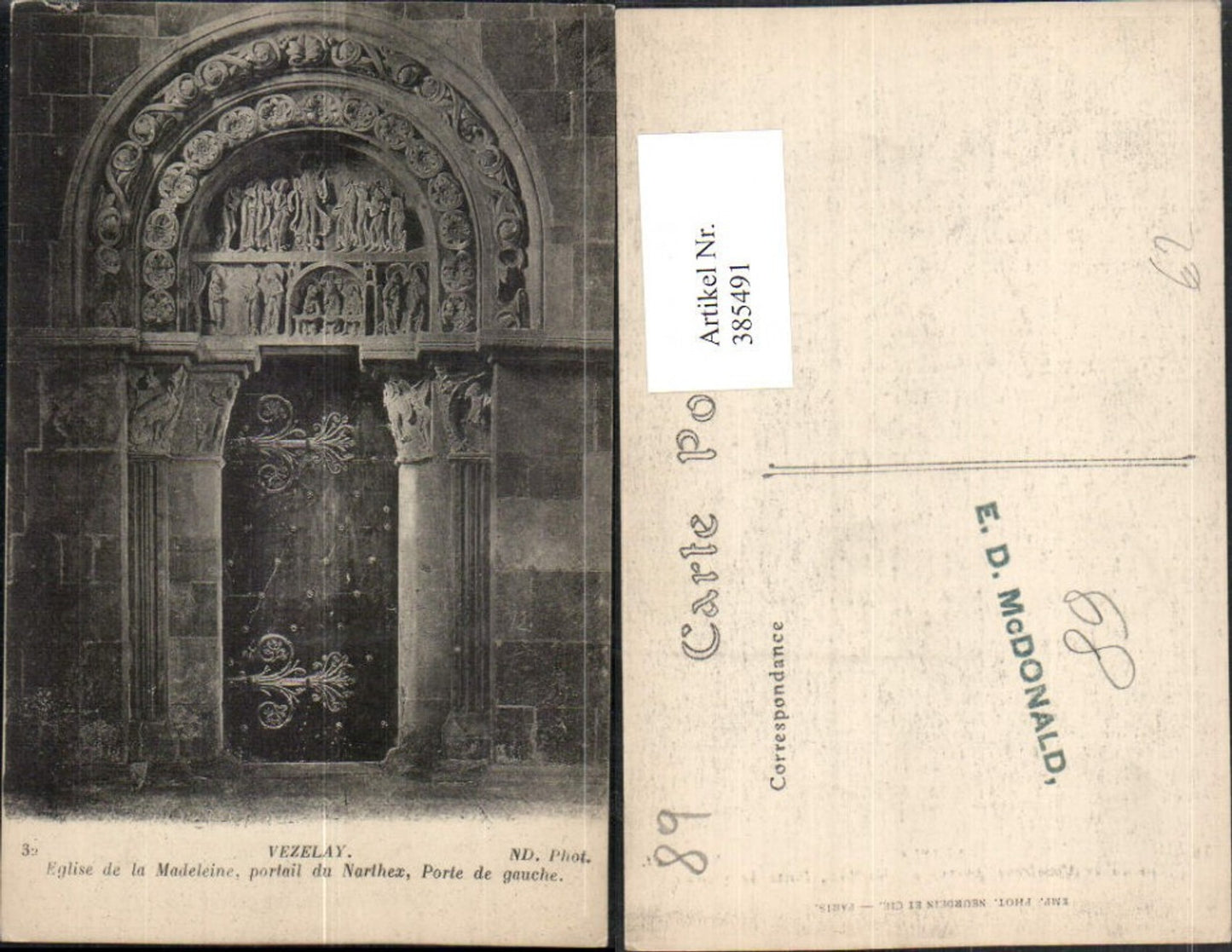 385491,Burgundy Yonne Vezelay Eglise de la Madeleine Portail du Narthex Church portal