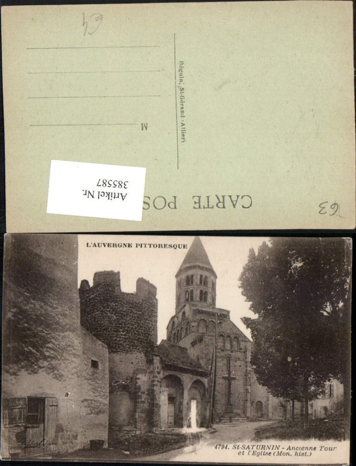 385587,Auvergne Puy-de-Dome St-Saturnin Ancienne Tour et l'Eglise Kirche Turm
