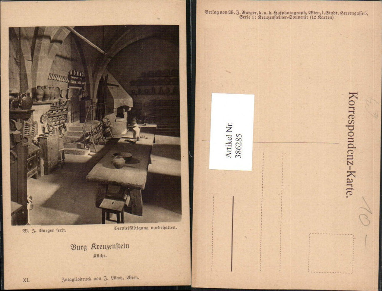 386285,Künstler AK W. J. Burger Burg Kreuzenstein b. Leobendorf Küche