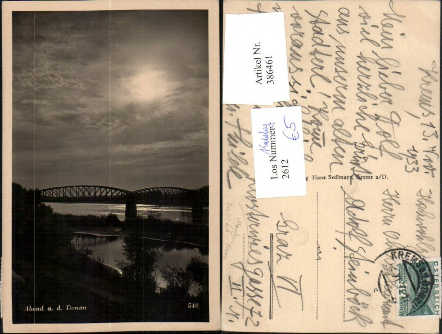 386461,Foto AK Krems Abend an d. Donau Brücke Alte Donau
